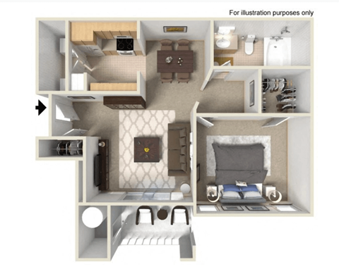 Floor plan for 1 bed, 1 bath, 656 sqft